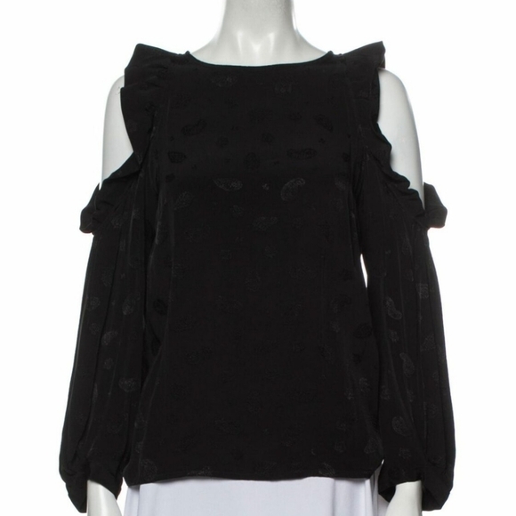 Maje Loyd Ruffled Crepe blouse Floral Jacquard Size Small in black - Picture 3 of 9